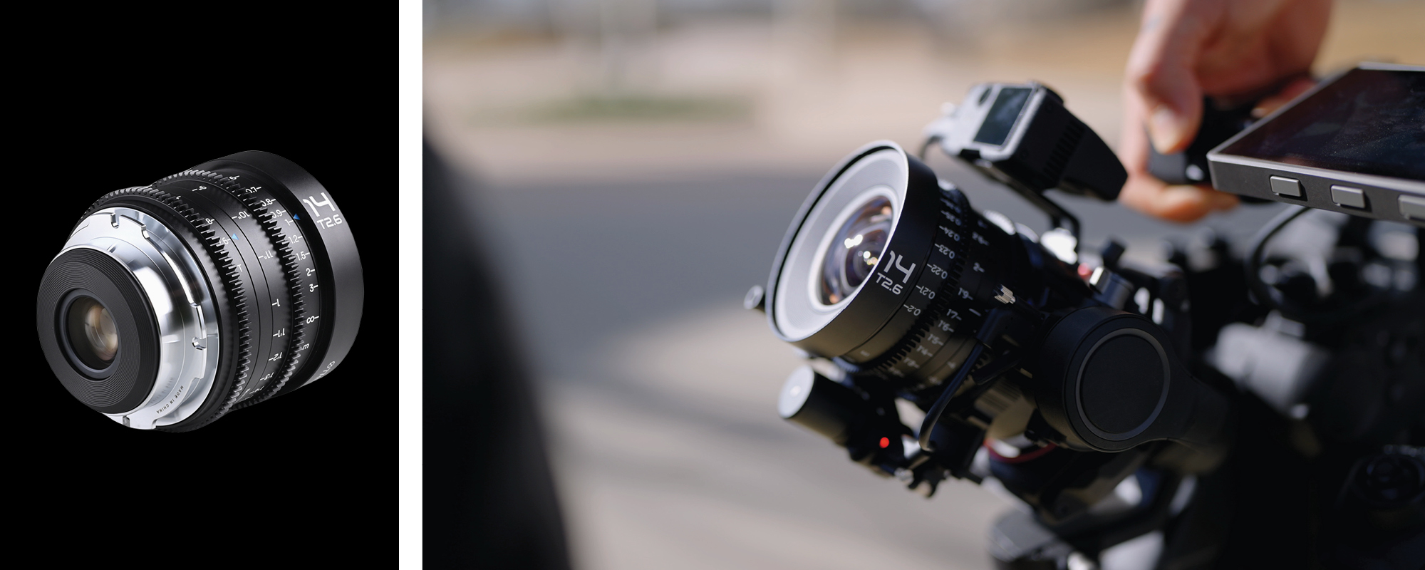 width=100% Obiektyw Laowa VV 14mm T2,6 Zero-D Cine - Arri PL zdjęcie produktowe oraz zdjęcie przedstawiające obiektyw zamocowany na kamerze