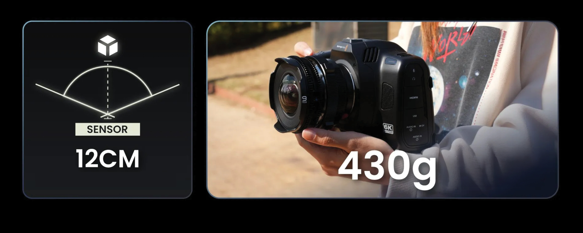 width=100% Obiektyw Laowa VV 9 mm T5,8 Cine - Arri PL na aparacie - trzymany w dłoniach, obok informacja o wadze 430 g