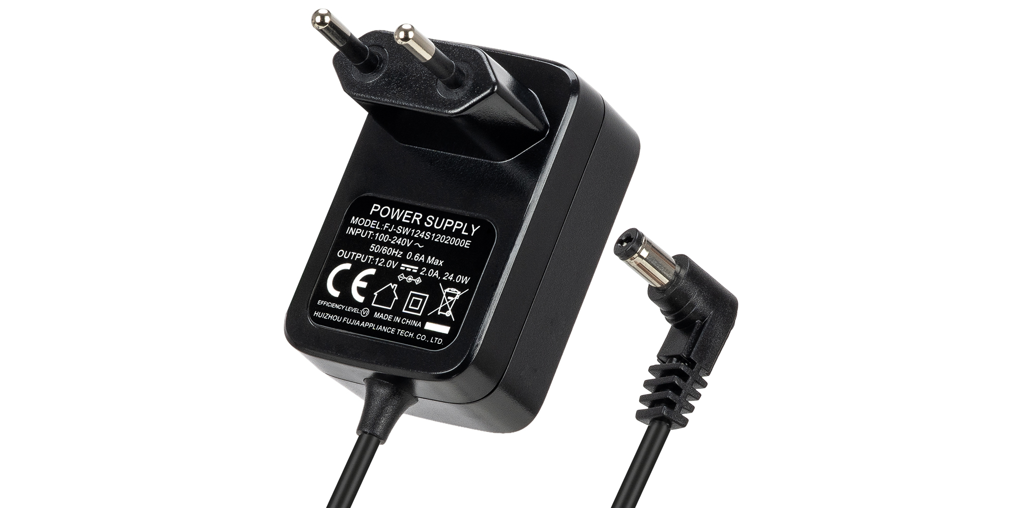 Zasilacz sieciowy Yongnuo FJ-SW1224S1202000E - 12 V / 2 A, wtyk DC 5,5 / 2,5 mm widok z góry na cały zestaw