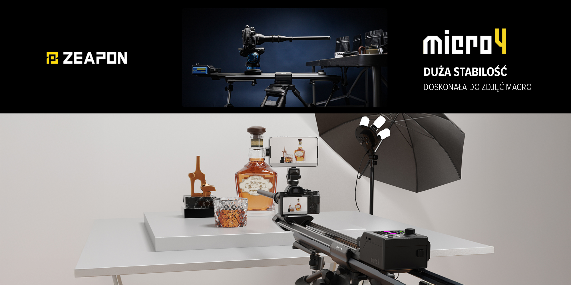 Slider Zeapon Micro 4 E1000 z modułem napędowym i głowicą automatyczną Pons PT - Stabilność w całym zakresie ruchu