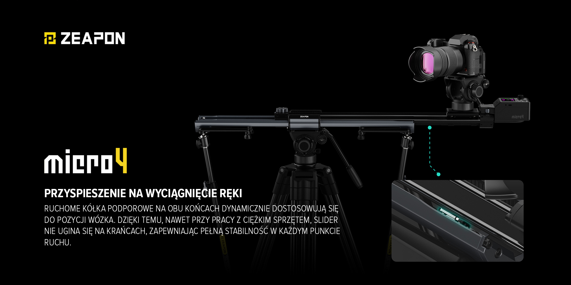 Slider Zeapon Micro 4 E1000 z modułem napędowym i głowicą automatyczną Pons PT - Przyspieszenie na wyciągnięcie ręki