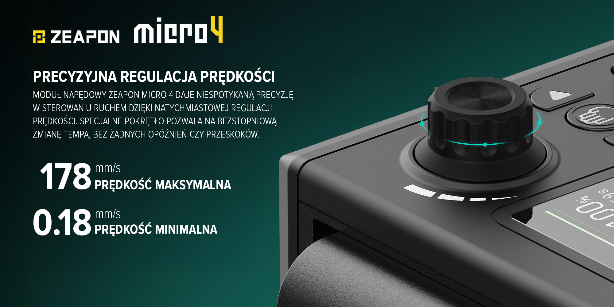 Slider Zeapon Micro 4 E1000 z modułem napędowym i głowicą automatyczną Pons PT - Precyzyjna regulacja prędkości