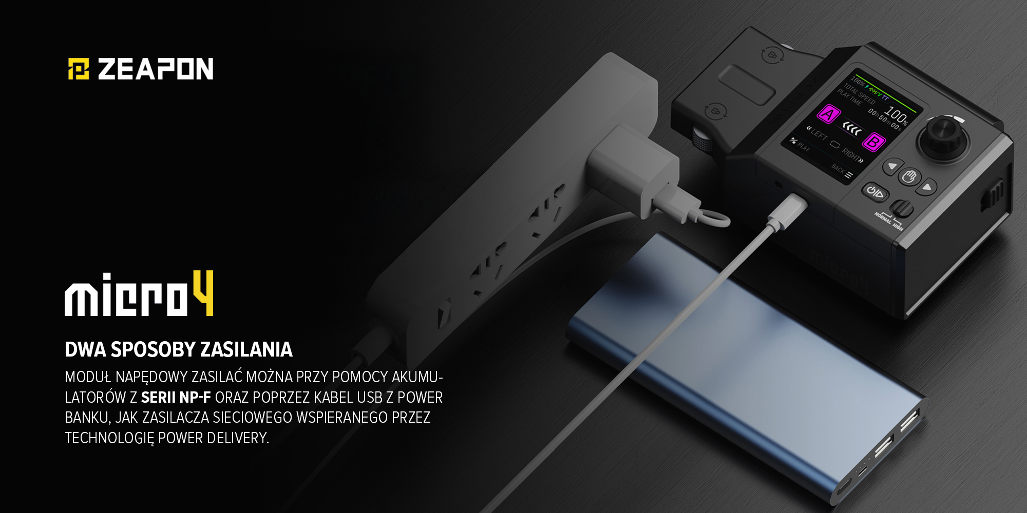 Slider Zeapon Micro 4 E1000 z modułem napędowym i głowicą automatyczną Pons PT - 2 sposoby zasilania